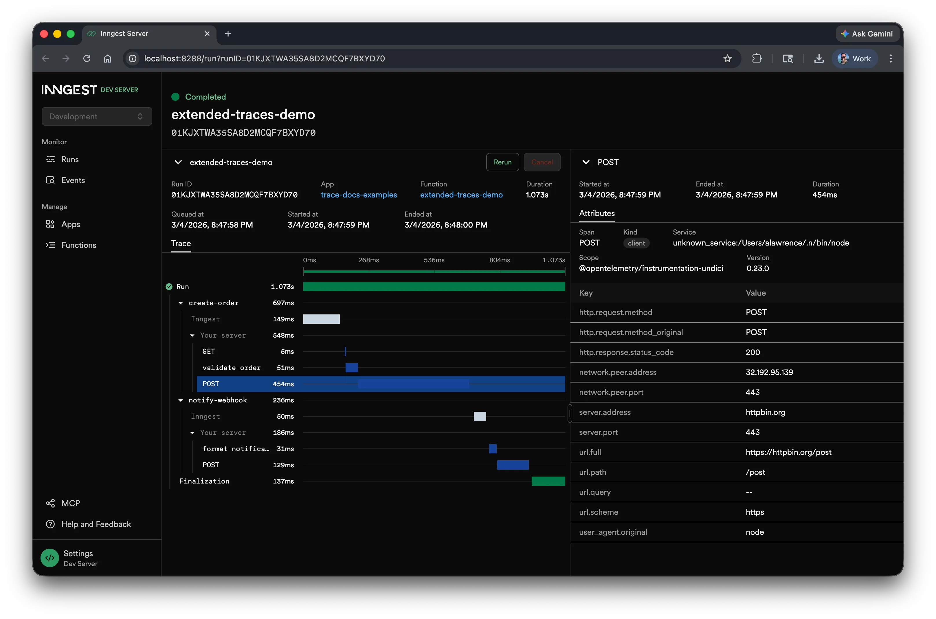 Extended traces showing userland spans nested in the timeline with the attributes panel open